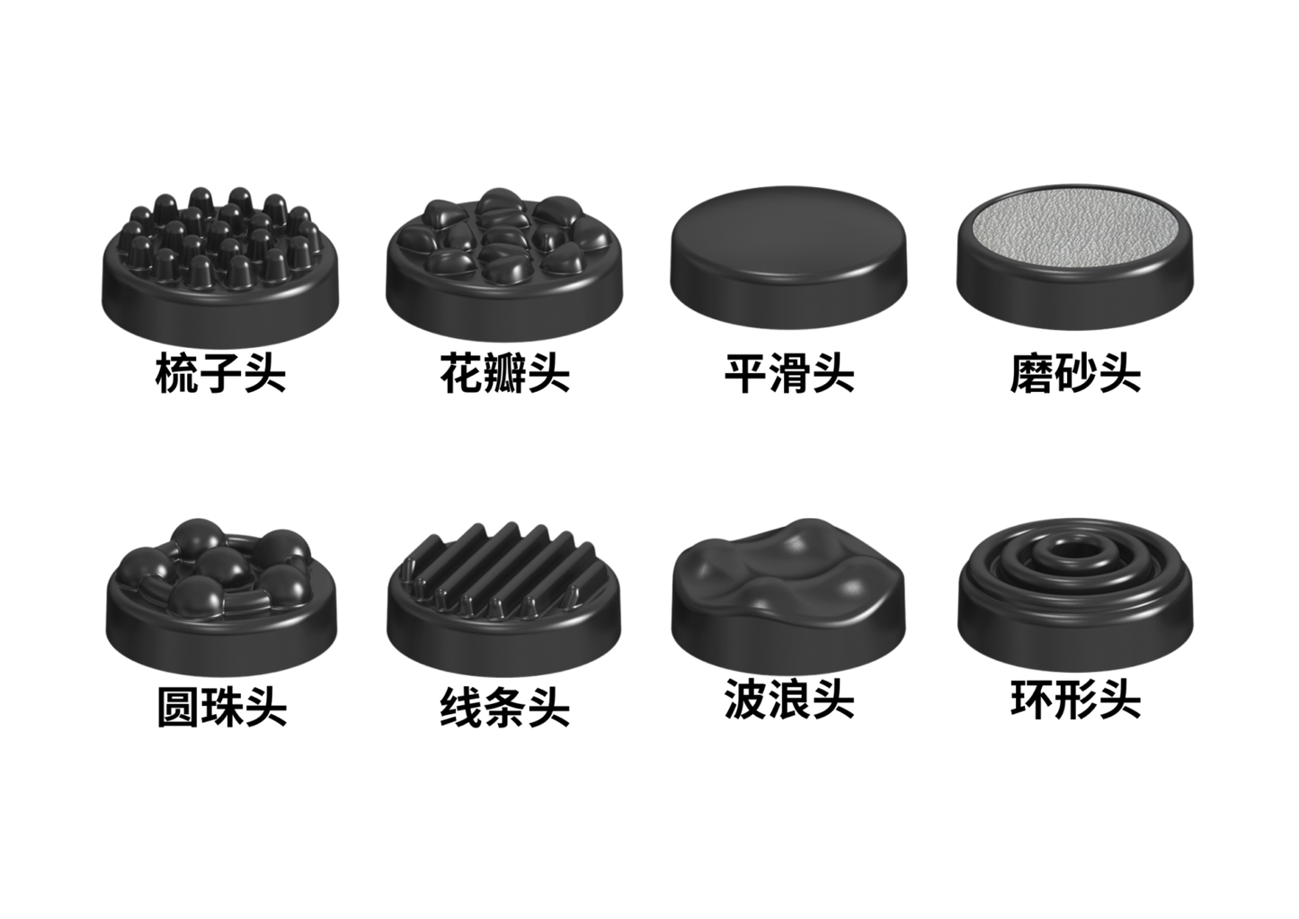 Below them are eight labeled interchangeable massage heads: Brush Head, Flower Head, Flat Head, Frosted Head, Roller Head, Line Head, Wavy Head, and Annulus Head.