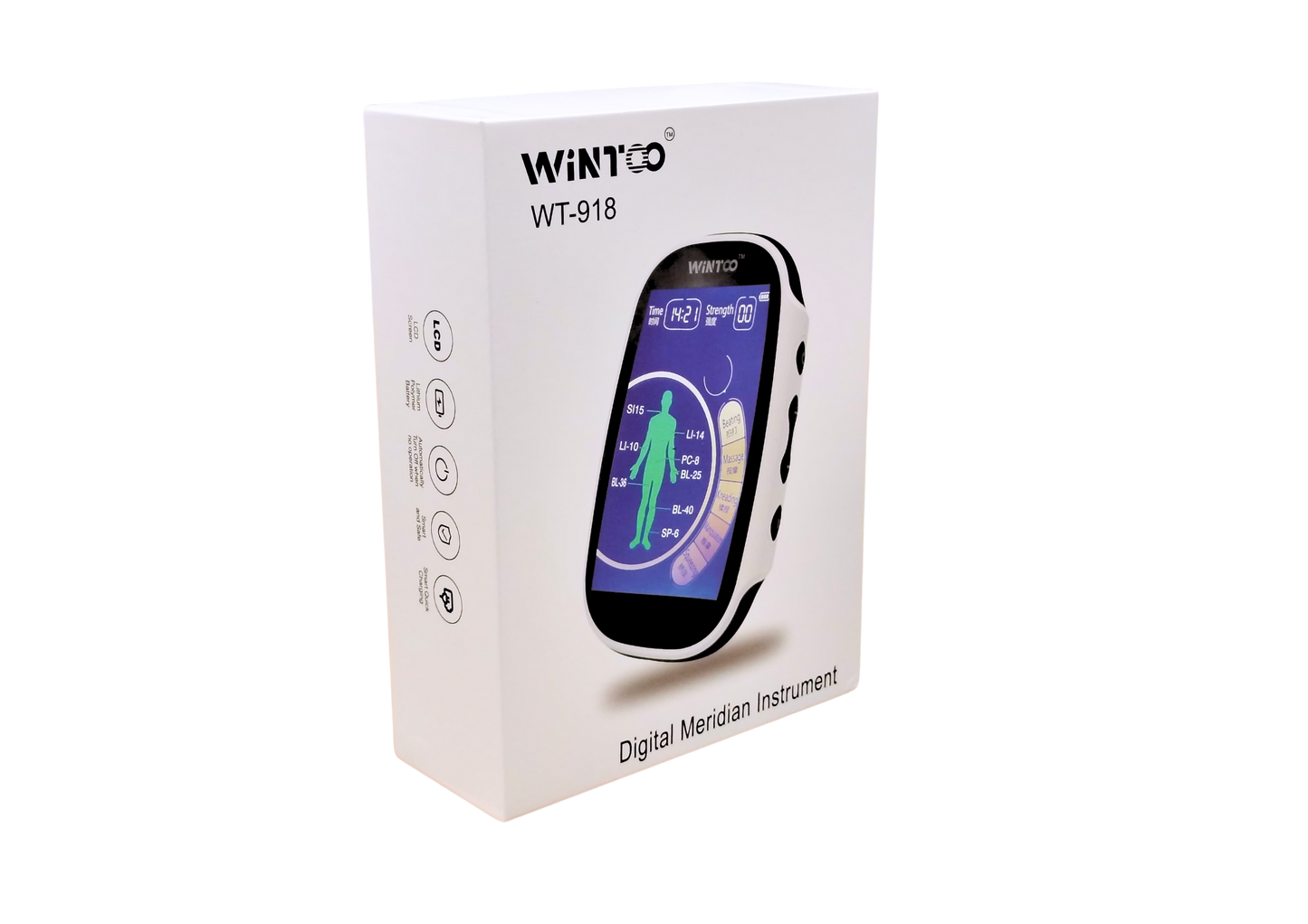 Complete set of Wintoo WT-918 TENS meridian massager with electrode pads and USB charging cable