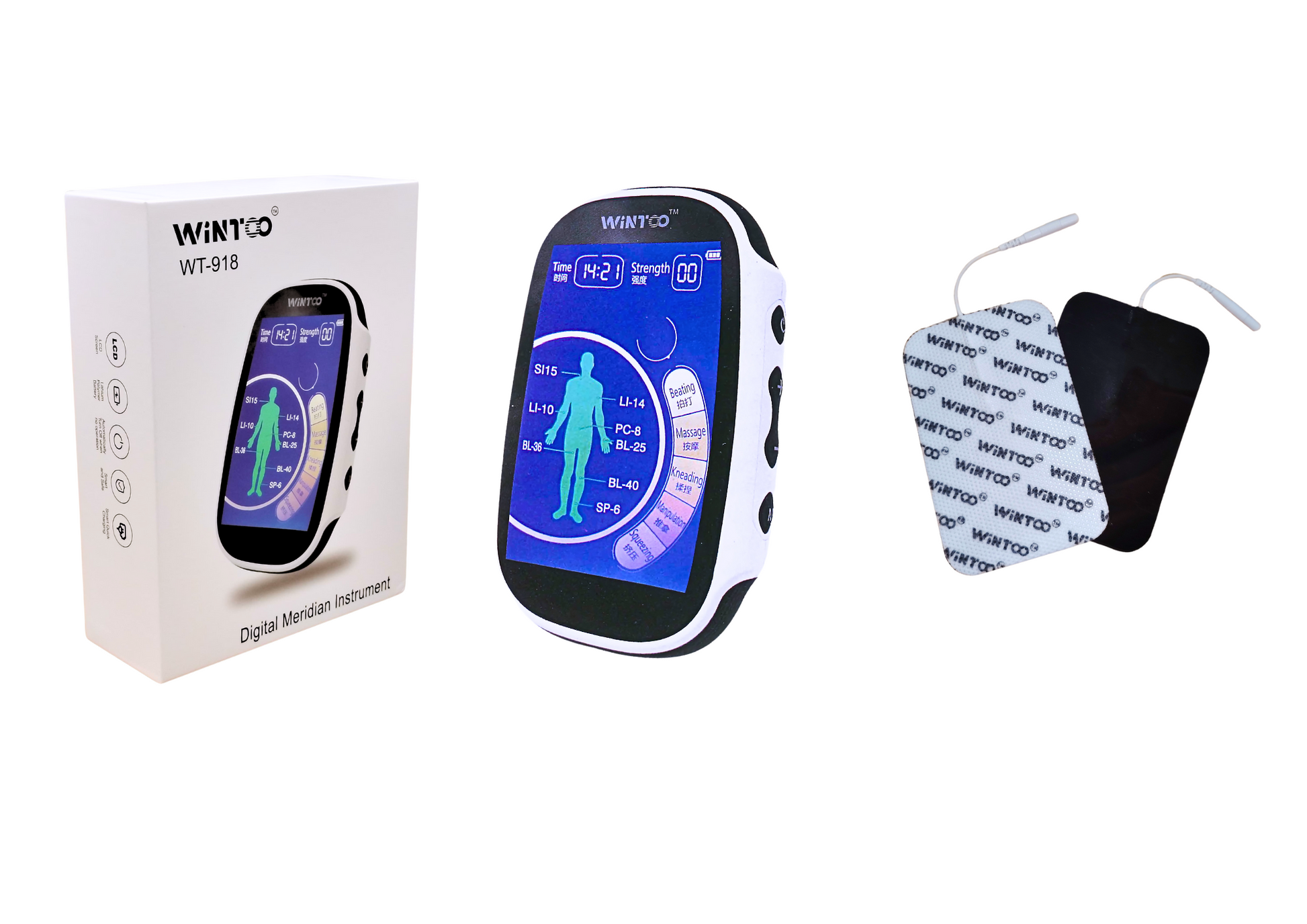 Complete set of Wintoo WT-918 TENS meridian massager with electrode pads and USB charging cable