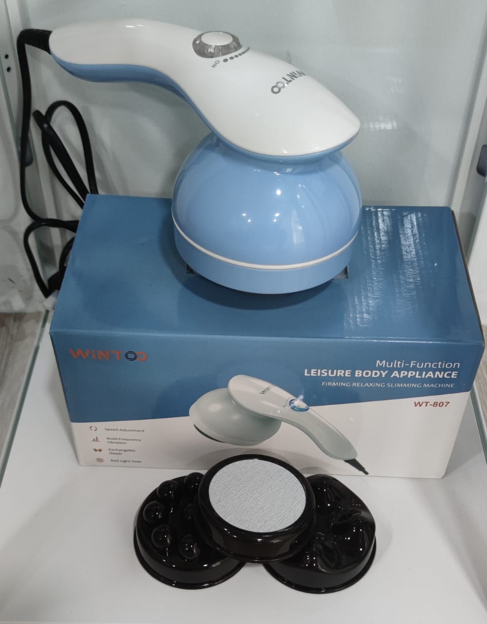 Wintoo WT-807 sky blue deep tissue massager for back, thighs, and legs with red heat wave light