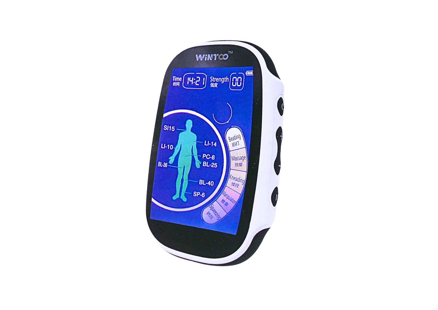 Complete set of Wintoo WT-918 TENS meridian massager with electrode pads and USB charging cable