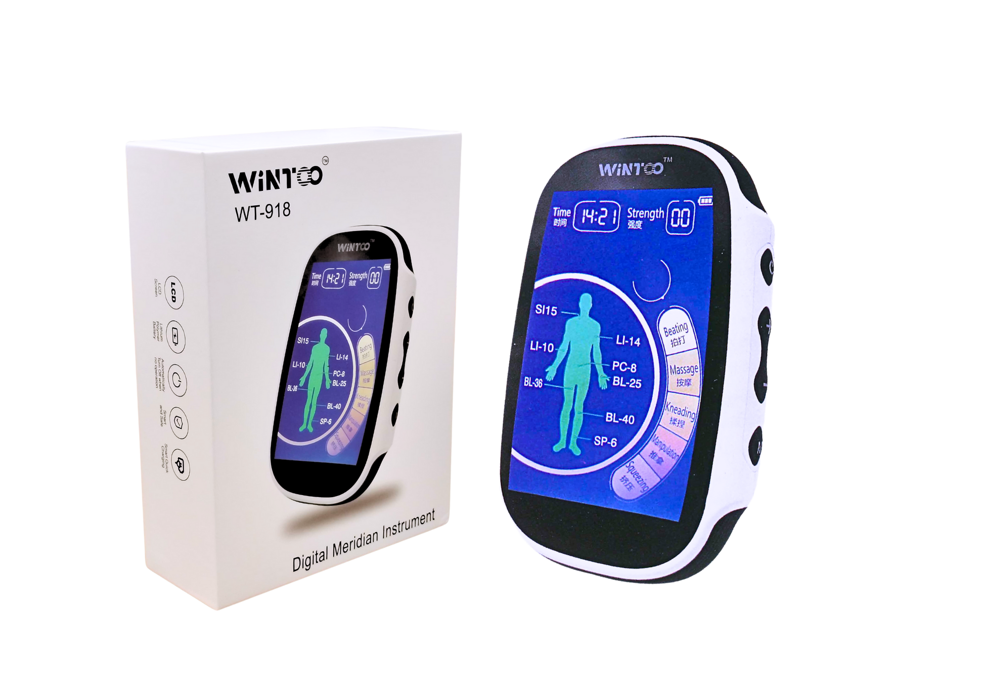 Complete set of Wintoo WT-918 TENS meridian massager with electrode pads and USB charging cable